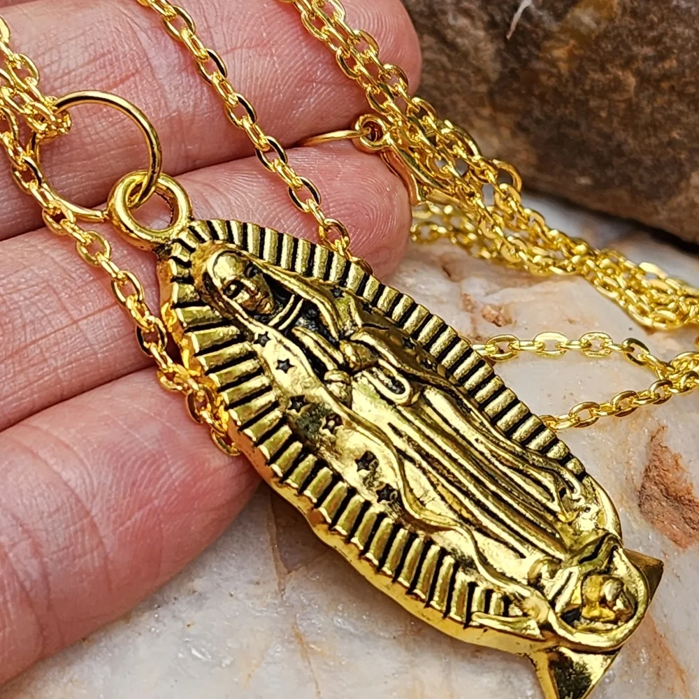 Large Our Lady of Guadalupe' Gold Medallion Long Chain Magnolia Rose